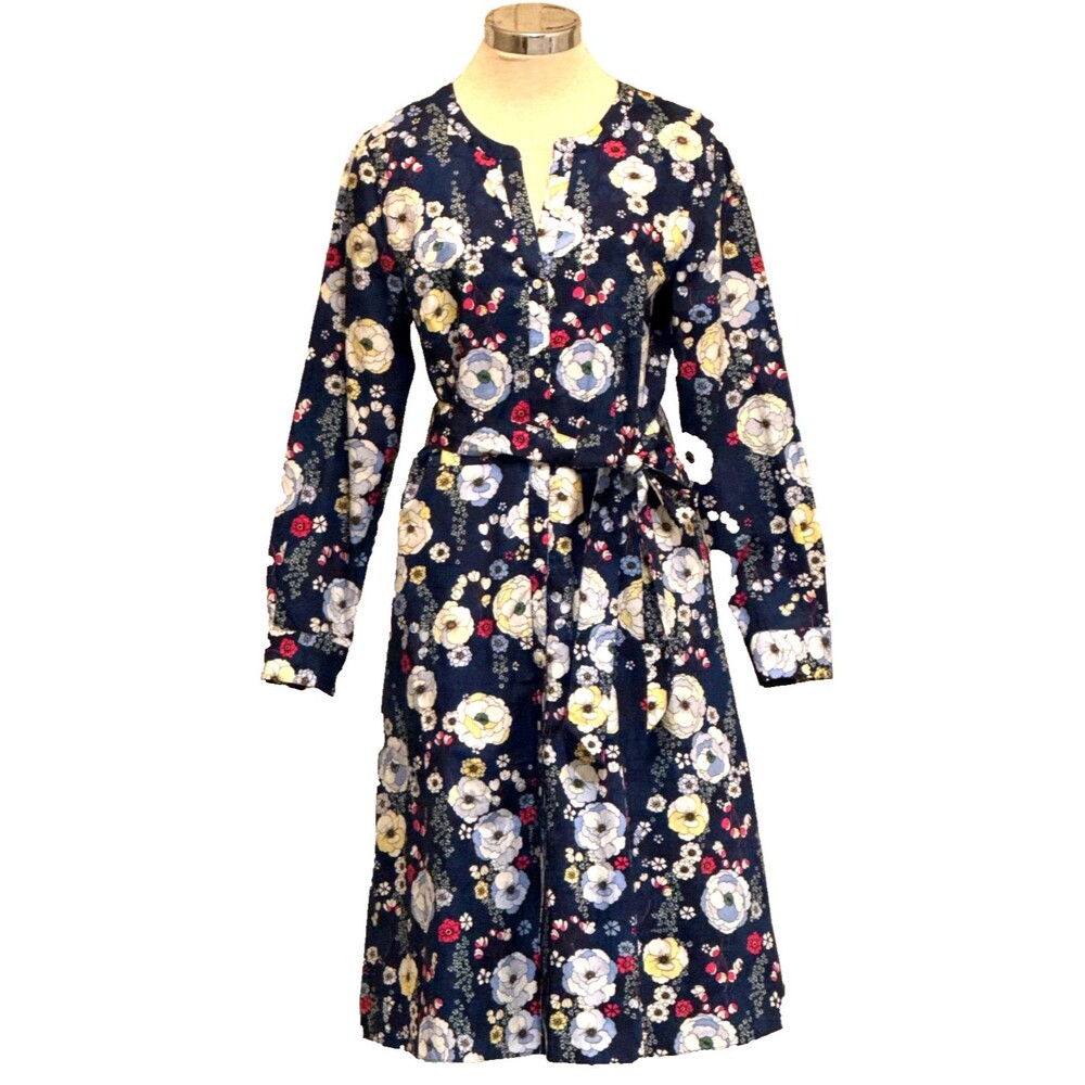 TALBOTS Sz. 10 Floral 100% Cotton Belt Pockets Long Sleeve Coastal Midi Dress